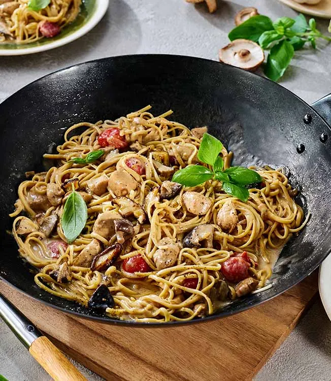 Chicken Alfredo pasta with teriyaki sauce