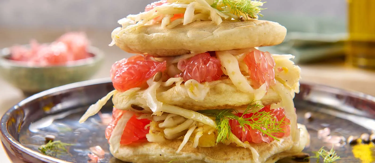 Vegan pancakes with fennel coleslaw