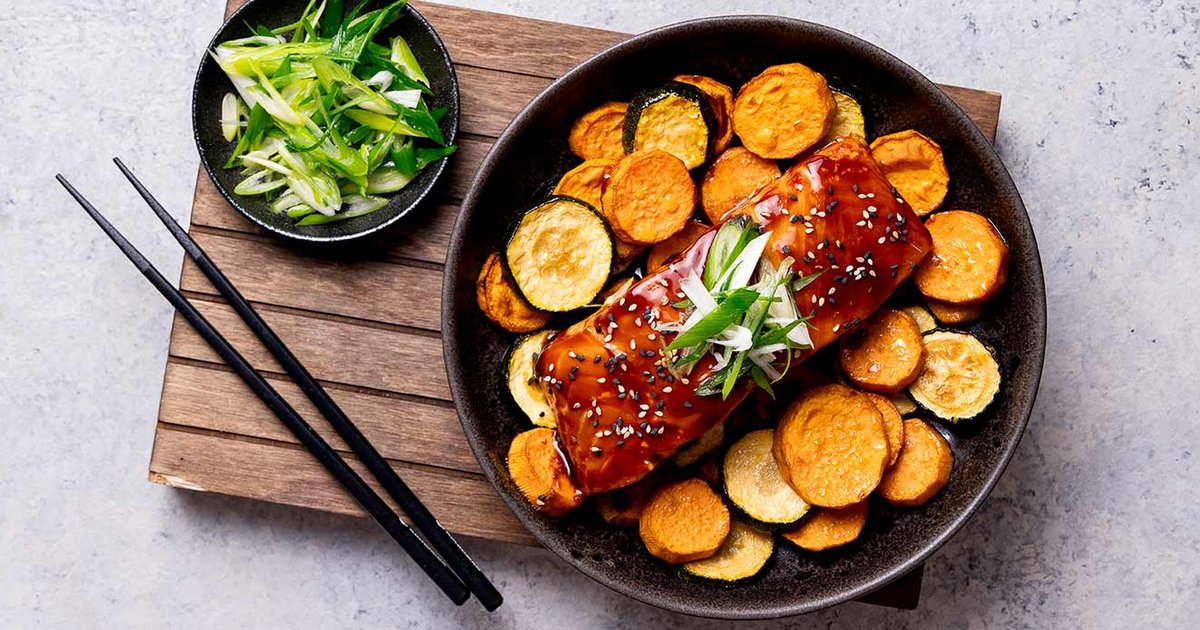 Teriyaki salmon on sweet potato vegetables | Recipe | Kikkoman