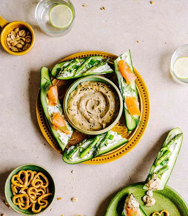 Tahini-mayo dip with stuffed cucumber boats