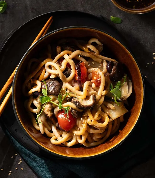 Teriyaki udon noodles with shiitake mushrooms