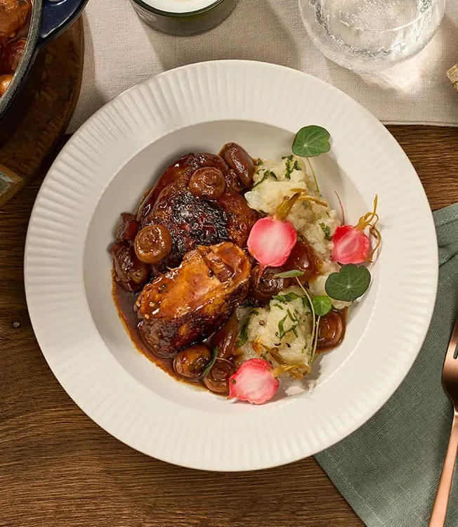 'Coq au Soy' with Jerusalem artichoke & radish