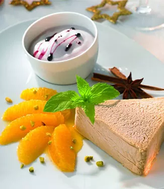 Honey & Soy Parfait with Spiced Oranges and Mulled Wine Zabaglione
