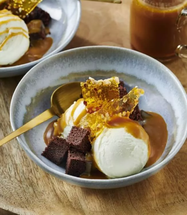 Ice Cream Sundae with Salted Butterscotch Sauce and Hazelnut Praline