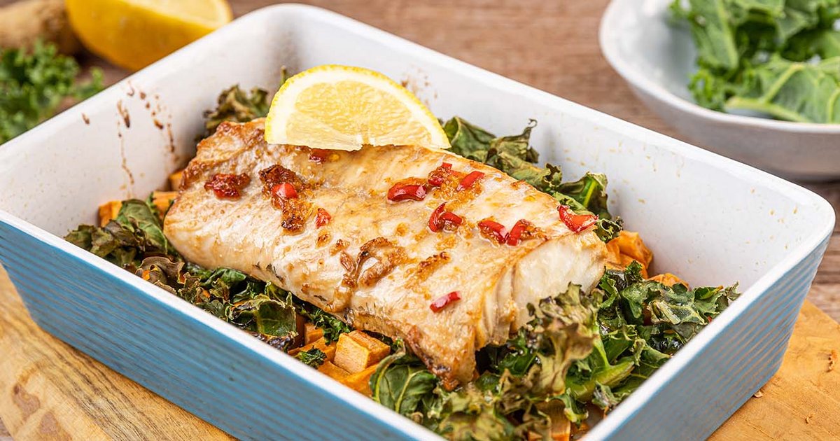 Baked cod with kale and sweet potato | Recipe | Kikkoman