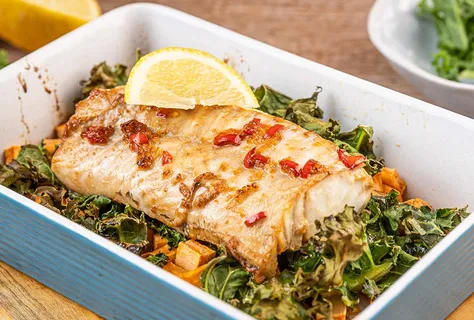 Baked cod with kale and sweet potato