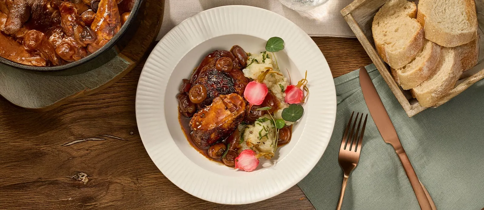 'Coq au Soy' with Jerusalem artichoke & radish