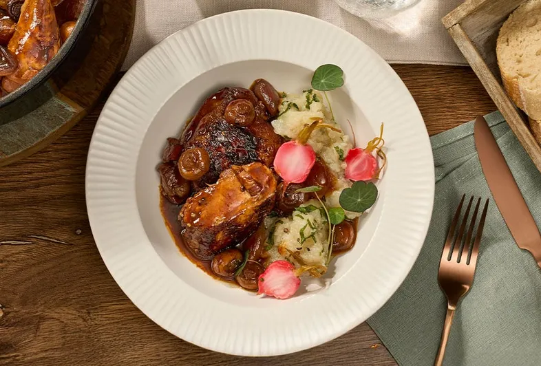 'Coq au Soy' with Jerusalem artichoke & radish