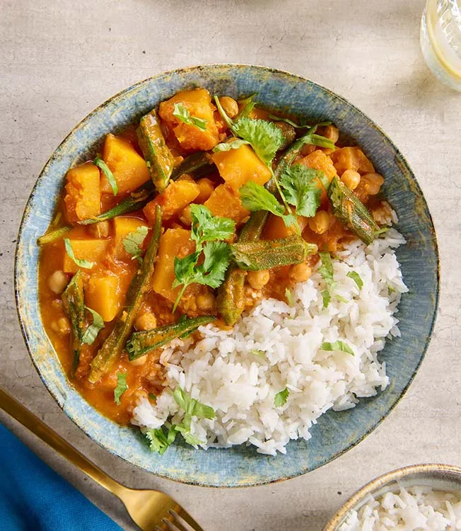 Pumpkin & okra ragout with rice