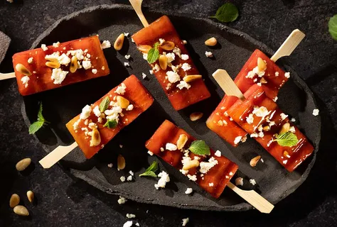 BBQ melon sticks with feta and mint