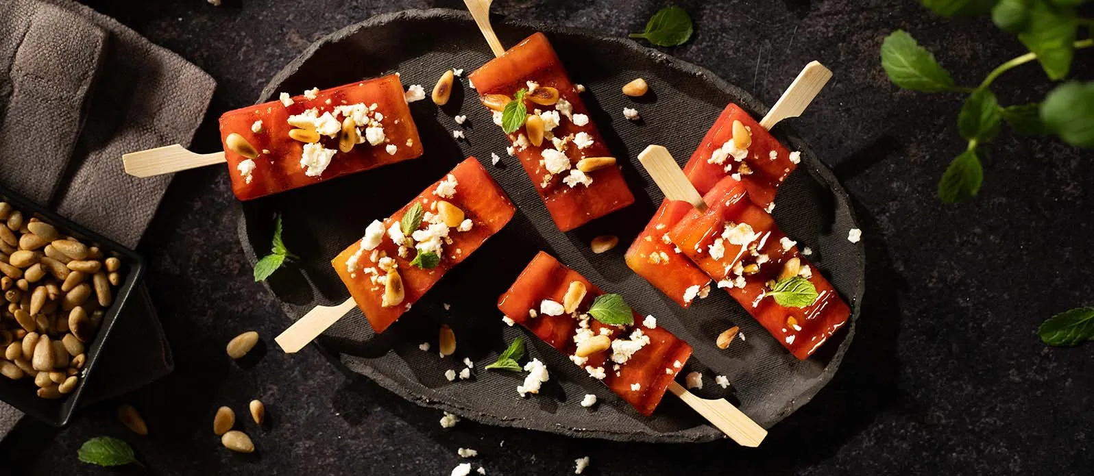 BBQ melon sticks with feta and mint