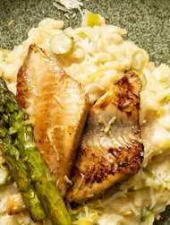 Lemon risotto with asparagus and crispy tilapia