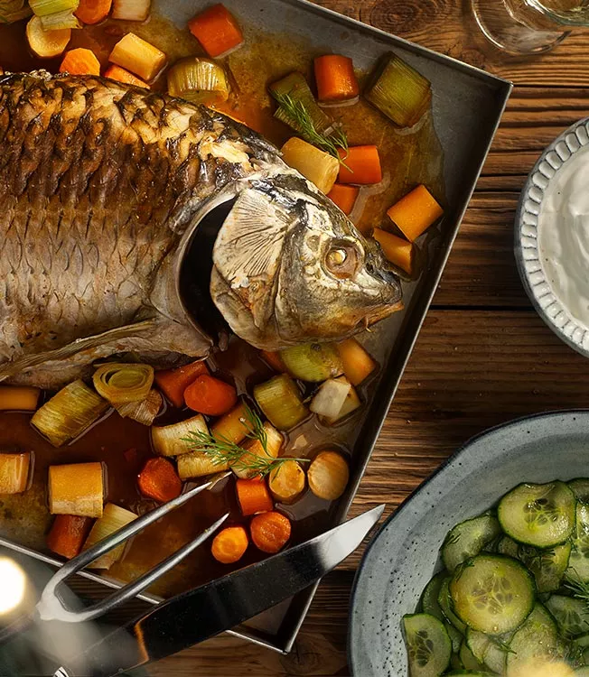 Carp with parsley root, dill pickles and sour cream dip