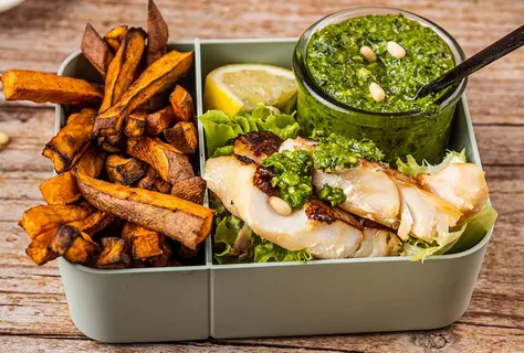Grilled cod with sweet potato fries