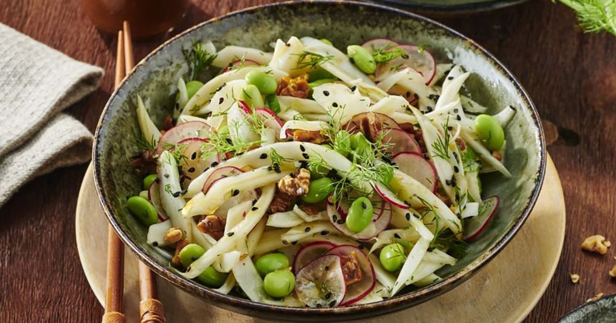 Fennel, edamame and walnut salad with Ponzu dressing, basil and dill | Kikkoman