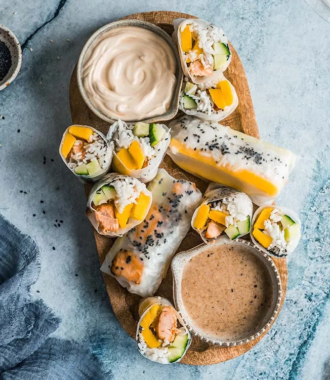 Baked salmon, mango & rice summer rolls
