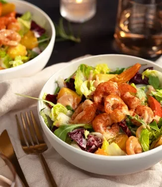 Warm Prawn Salad with Pumpkin and Potato Wedges