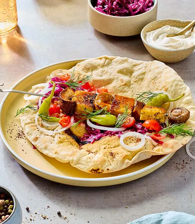 Halloumi mushroom shawarma with ponzu in pitta bread