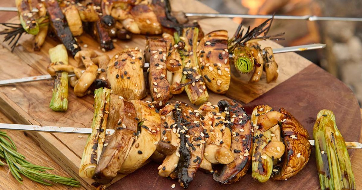 Mushroom & leek ponzu sauce skewers | Recipe | Kikkoman