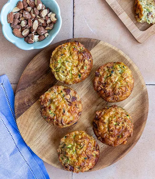 Savoury Muffins with Zucchini, Chopped Almonds, Soy Sauce, and Grated Cheese