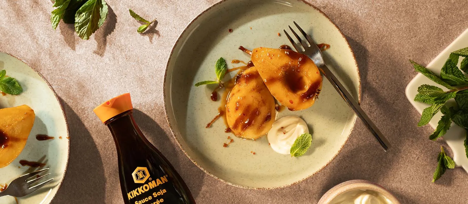Sweet soy & ginger poached pears