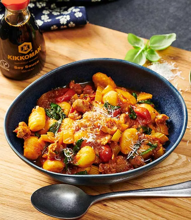 Spicy tomato and sausage gnocchi with fennel and spinach