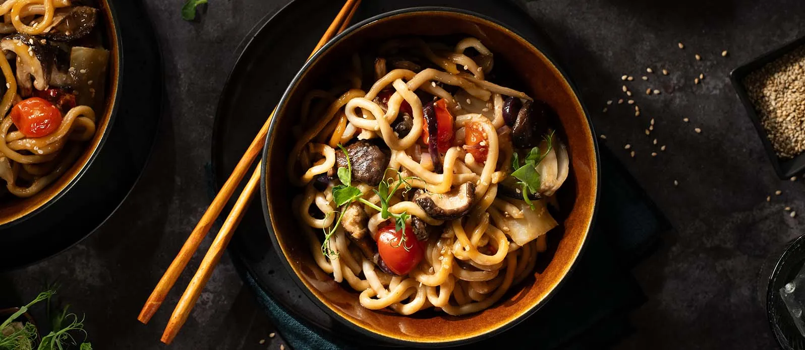 Teriyaki udon noodles with shiitake mushrooms