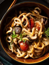 Teriyaki udon noodles with shiitake mushrooms