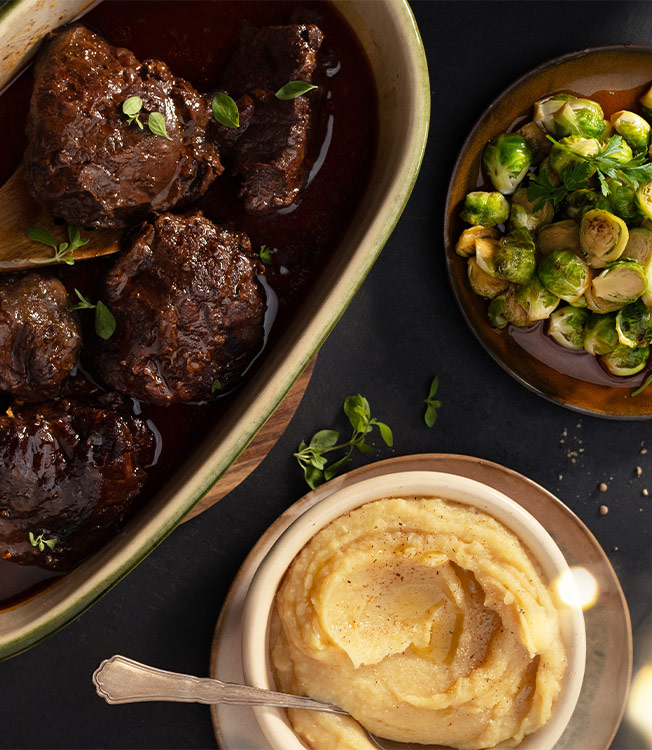 Braised ox cheeks with mashed potatoes and Brussels sprouts