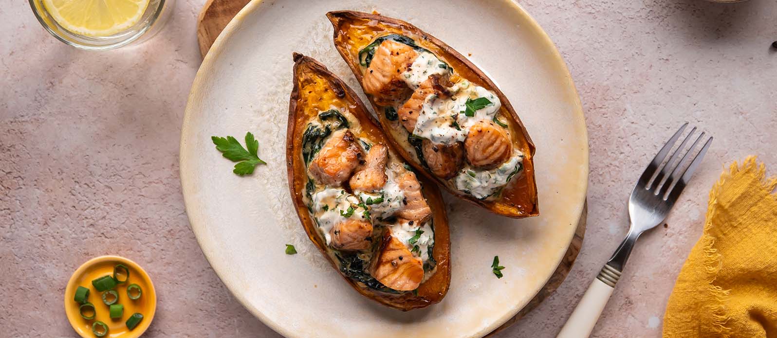 Salmon and spinach sweet potatoes | Recipe | Kikkoman